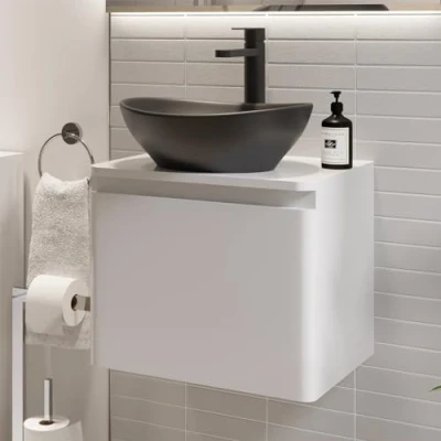 Image of Affine® 500mm Vanity Unit Bathroom Wall Mounted Storage Cabinet Cupboard Cloakroom, Soft Close Drawer, Roubaix Black Countertop Basin Sink, White Gloss