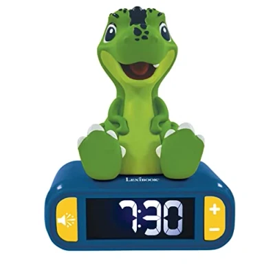 Image of Lexibook RL800DINO Dinosaur Nightlight, Alarm Clock for Boys and Girls, Snooze, Colour Blue/Green,Medium