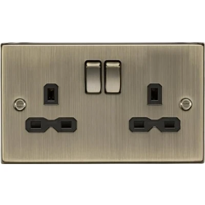 Image of KnightsBridge 13A 2G Switched Socket with Black Insert Square Edge Antique Brass