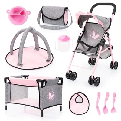 Image of Bayer Design 21533AB Dolls Umbrella Stroller Set with bed, bag, play mat, accessories
