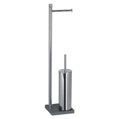 Image of Gedy Trilly Column toilet roll holder and brush Chrome Grey