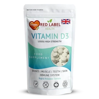 Image of Red Label Health Vitamin D3 1000 IU, Pack of 60 D Tablets (2 Months Supply), Healthy Teeth &amp; Bones, Supports Immune System, High Strength Supplement for Men Women, UK Made