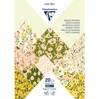 Image of Clairefontaine 95546C Pad of 20 Spring Patterned Sheets A4 Format (21x29.7cm) 160g + Alphabet Stickers Creative Idea Leisure Scrapbooking Paper