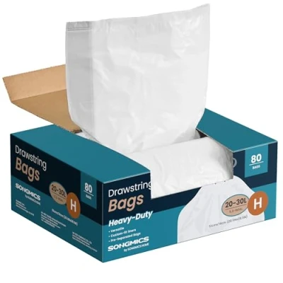 Image of SONGMICS Bin Bags, 30 L Rubbish Bags with Drawstrings, 80 Pieces, Liner Code H, Heavy Duty, Quick Dispense Box, Cream White KRB031A02