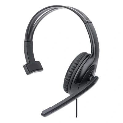 Image of Manhattan Mono Over Ear Headset (USB), Microphone Boom (padded), Retail Box Packaging, Adjustable Headband, In Line Volume Control, Cushion, USB A for both sound and mic use, cable 1.5m