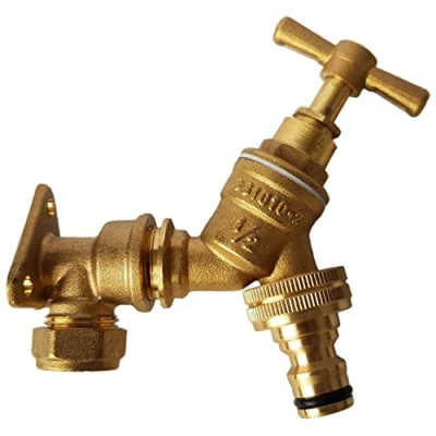 Image of Solid Brass Traditional bib tap with 15mm Copper Pipe Compression Back Wall Plate, Click Hose Connector