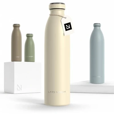 Image of LARS NYSØM Stainless Steel Insulated Water Bottle 12oz 17oz 25oz 34oz 51oz Thermo Flask for Hot and Cold Beverages Leakproof Drinking (Almond Beige, 750ml)