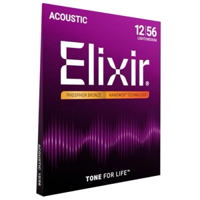 Image of Elixir Nanoweb coated 16077 12 56 phosphor bronze acoustic guitar strings light medium double pack