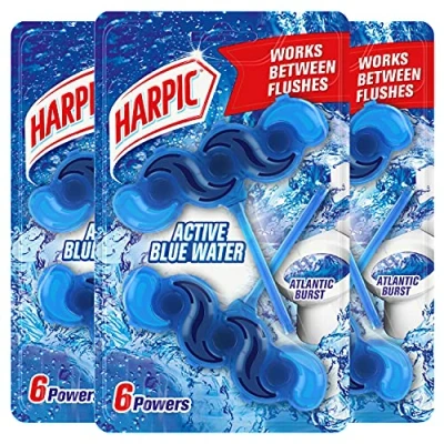 Image of Harpic Active Fresh Toilet Rim Block Twin Pack, Atlantic Burst, Pack of 3, Anti Limescale, Dirt Remover, Lasts up to 30 weeks and 1500 flushes, Cleaner, Freshener