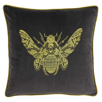 Image of Riva Paoletti Cerana Cushion Cover Charcoal Grey Super Soft Velvet Fabric Embroidered Gold Bee Design Piped Edges 100% Polyester 50 x 50cm (20&quot; 20&quot; inches)