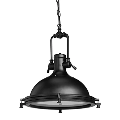 Image of Industrial Iron Hanging Lamp, Round Frosted Glass Pendant Light, Painted Ceiling Black Relaxdays