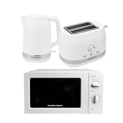 Image of Hamilton Beach Ella Kitchen Bundle, 1.7L Cordless Kettle, 2 Slice Wide Slot Toaster, 20L Standard Microwave, Kettle &amp; Toaster Set, Set ELLAWB, White