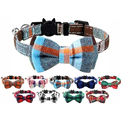 Image of Cat Collar with Bell and Bow Tie, Quick Release Safety Buckle Collars for Kitten Cats, Soft Tartan Design (Haze Blue)