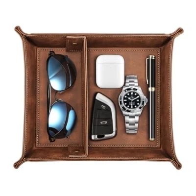 Image of SITHON Valet Tray Desktop Storage Organiser Catchall Bedside Vanity Nightstand Caddy Holder with Removable Dividers, Store Keys, Wallet, Phone, Glasses, Coin, Jewelry, (Brown)