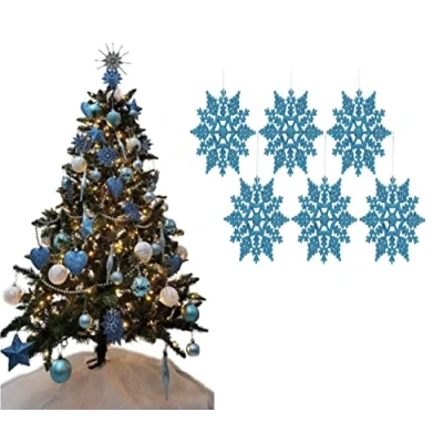 Image of Simply Products Pack of 6 10cm Glitter Hanging Decoration, Snowflakes Christmas Tree Decorations (Ice Blue)