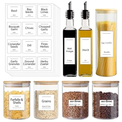 Image of Pantry Labels for Spice Jars, 369 PCs Waterproof Removable Self adhesive White Storage Food Stickers Home Kitchen Organisation Rack Containers, Bottles, Boxes Preprinted UK Ingredients