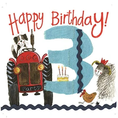 Image of Alex Clark Happy 3rd Birthday Farm Card Animal Tractor Yard Dog Sheep Greetings Cards for Kids Designed and Printed in the UK
