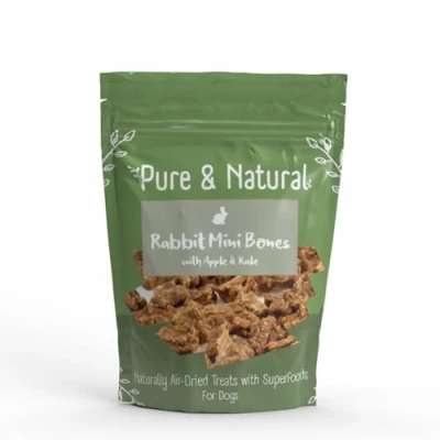 Image of Pure &amp; Natural Superfoods Air Dried Rabbit Mini Bones Treats with Apple Kale Healthy for Dogs and Dog Tummy Support 100g