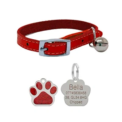 Image of Leather Cat Collar, Safety Elastic Bell &amp; Engraved Glitter Tag (Red)