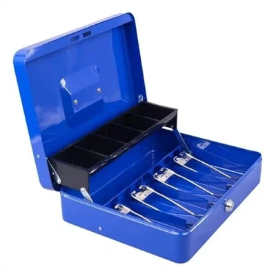 Image of igadgitz home U7264 Metal Cash Box with Keys, Cantilever Coin Tray and Spring Loaded Clips, Petty Tin, Money Tin Blue