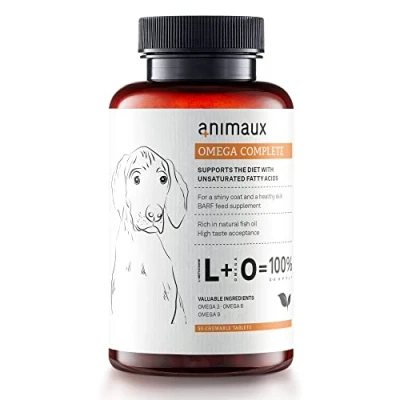Image of animaux Omega complete fish oil tablets for dogs I 3,6 &amp; 9 fatty acids to support metabolism, bone structure BARF supplement with salmon skin coat 50 chewable