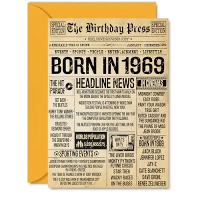Image of 56th Birthday Card for Women Men Bday Press Newspaper 1969 Happy 56 Cards Sister Wife Son Uncle Colleague Nanny, A5 Greeting