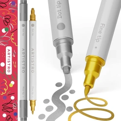 Image of ARTISTRO 2 Gold &amp; Silver Acrylic Paint Pens, Markers Dual Tip (Fine 1mm + Dot 5mm), for Fabric, Canvas, Rock, Glass, Wood, Paper, DYI, Kids and Adults