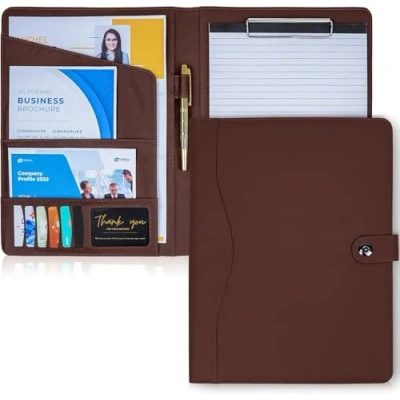 Image of AMKSONS Portfolio Folder A4 in Brown with Clip Board and Notepad Premium PU Leather clipboard Document Compartments, Pen Holder, Flip Cover Magnetic Closure