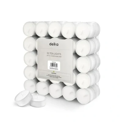 Image of delka 4 Hour Burning Unscented Tea Lights White Pack of 50 (White, Pack)