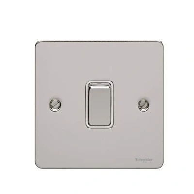 Image of Schneider Electric Ultimate Flat Plate Single 2 Way Light Switch, Pole, 16AX, GU1212WPC, Polished Chrome with White Insert