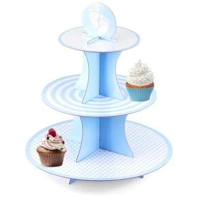 Image of GEEZY 3 Tiers Cardboard Cupcake Stand Reusable Blue Cake &amp; Easy Assembly Perfect for Baby Showers, Birthdays Celebrations Ideal Tier Stands Afternoon Tea