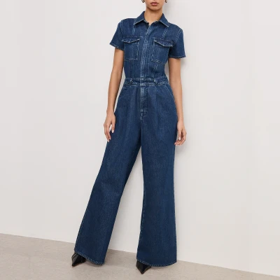 Image of Good American FIT FOR Success Pleated WIDE LEG Jumpsuit, Women&#039;s, Size: XL, Indigo