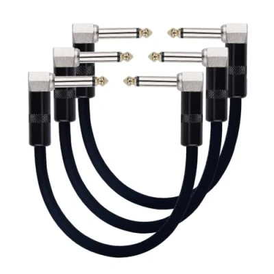 Image of Rayzm Guitar Patch Cable 6.35mm Noiseless 15cm Guitar/Bass Effects Pedalboard Cord, Right Angle Male TS Mono Instrument for Effect Pedals (Pack of 3)