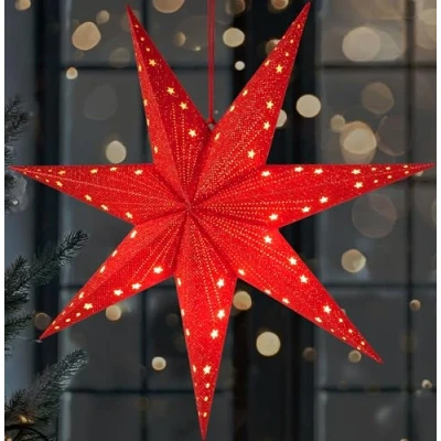 Image of BRUBAKER LED Christmas Star to Hang 23.6 inches (60 cm) Paper with 7 Tips 3D Advent Battery Powered, Hanging and Illuminated Window Deco Light Red