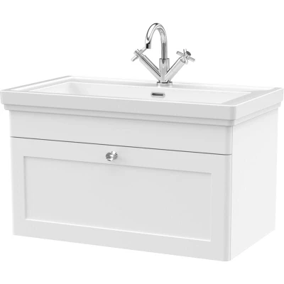 Image of Balterley Traditional Wall Hung 1 Drawer Vanity Unit with Tap Hole Fireclay Basin, 800mm Satin White