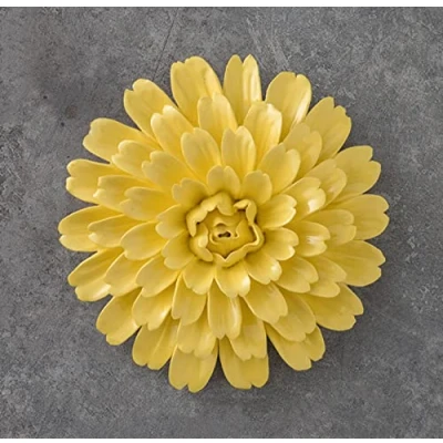 Image of TURSGYZ Ceramic Flower Yellow Chrysanthemum Gerbera Handcrafted Sculpture 3D Wall Art Decor Home Living Room Office Wedding Gift 12cm