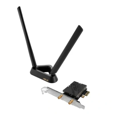 Image of ASUS PCE BE92BT WiFi 7 PCI E Adapter with 2 External Antennas. Supporting 6GHz Band, 320MHz, Bluetooth 5.4, WPA3 Network Security, OFDMA and MU MIMO, only Compatible Intel motherboards