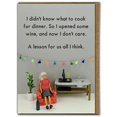 Image of Bold &amp; Bright Funny Birthday Cards &#039;Wine Dinner&#039; Hilariously Cheeky For Her Ladies Women Friends Sold by Brainbox Candy