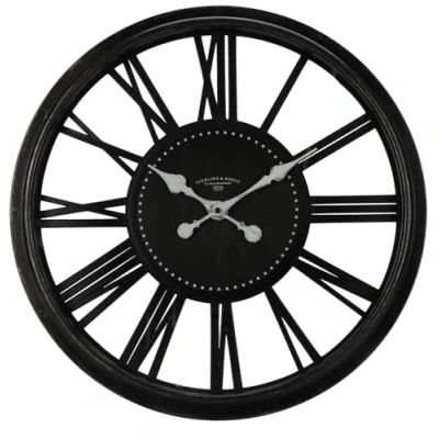 Image of Large Vintage Style Skeleton Wall Clock Steampunk Mounted Roman Numeral Black Round Industrial Living Room 50cm