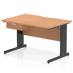 Image of Impulse 1200 x 800mm Scalloped Edge Straight Office Desk Oak Top Black Cable Managed Leg Workstation 1 Drawer Fixed Pedestal