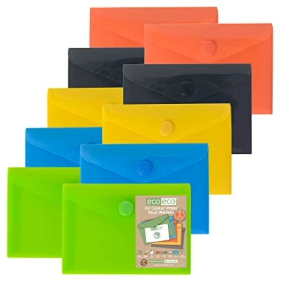 Image of eco A7 50% Recycled Assorted Colours Press Stud Popper Wallet, Plastic Folders (Pack of 10), Green, Black, Blue, Yellow, Orange, eco077x2