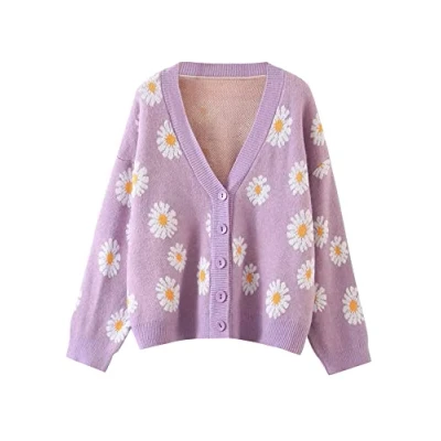 Image of N /D Women Daisy Floral Print Knit Cardigan V Neck Long Sleeve Sweater Open Front Button 90s Outerwear Coat (Purple, One Size)