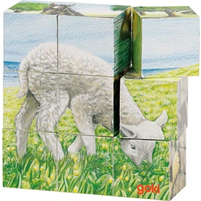 Image of Goki 57607 Farm Animals Cube Puzzle, 10.49 x 3.51 cm