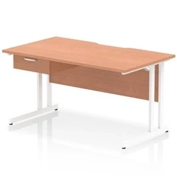 Image of Impulse 1400 x 800mm Scalloped Edge Straight Office Desk Beech Top White Cantilever Leg Workstation 1 Drawer Fixed Pedestal