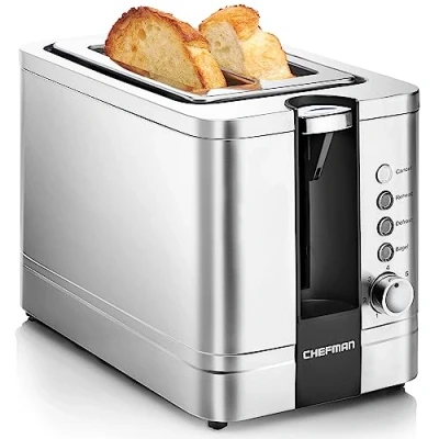 Image of Chefman 2 Slice Toaster, 7 Shade Settings, Stainless Steel, with Extra Wide Slots, Thick Bread and Bagel Reheat, Defrost, Cancel, Lift Lever, Removable Crumb Tray