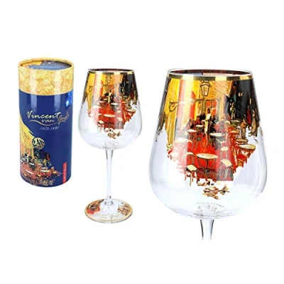 Image of Carmani Lovely Wine Glasses decorated with &#039;Café terrace at night&#039; painting by Vincent van Gogh 450 ml