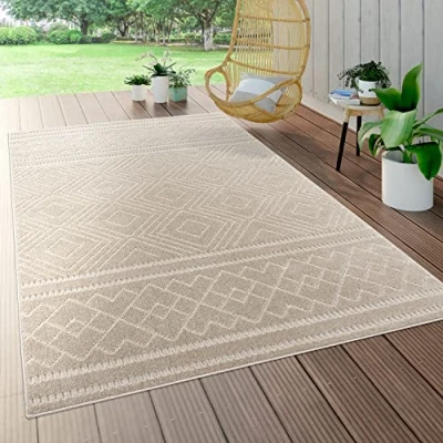 Image of Paco Home Indoor &amp; Outdoor Rug, Terrace And Balcony, Weatherproof Modern Geometric Patterns, Size:80x150 cm, Colour:Beige 4