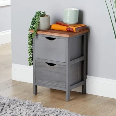 Image of Home Source Bedside Chest of Drawers, Wooden Bedroom Storage Organiser, Natural Wood Top, Grey, 2 Drawer