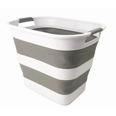 Image of SAMMART 40L Collapsible Plastic Laundry Basket Foldable Pop Up Storage Container/Organizer Portable Hamper Space Saving Washing Tub (1, White/Grey)