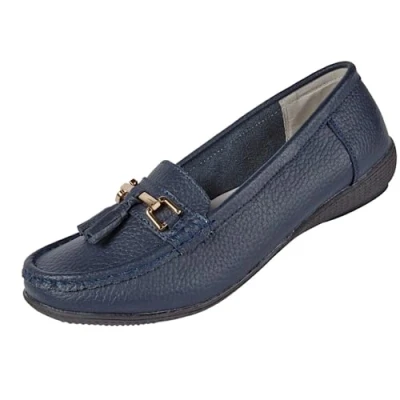 Image of Jo &amp; Joe Ladies Leather Loafer Shoes Plimsole Pumps Womens Flat Navy Size UK 7 EU 40